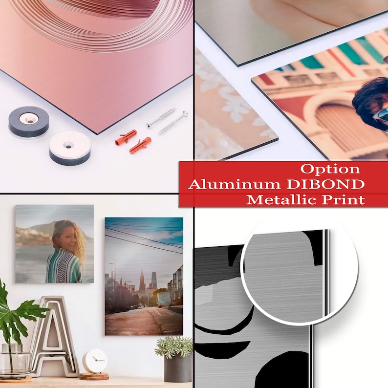 K&ouml;nnte beinhalten: Pr&auml;sentation von Aluminium-Dibond-Metallic-Drucken, die verschiedene Bilder zeigen. Die Drucke sind mit der mitgelieferten Hardware an einer Wand befestigt. Das Bild zeigt eine Nahaufnahme der metallischen Textur und der Montagehardware.