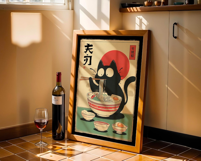 Hungry Cat in Tokyo" – Ramen Cat Poster | Vintage Noodles Print | Japanese Ramen Wall Art for Cat Lovers, hungry cat poster, noodles vintage cat, ramen cat poster, tokyo black cat art, ramen cat art print, ramen lover wall art, japanese ramen cat, cat food poster, japan cat poster, ramen noodles japan, cute cat ramen, japan food poster, noodle cat japan