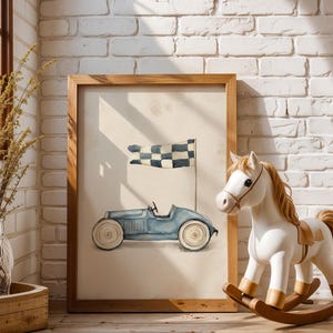 Playful vintage race car artwork for nursery — delicate watercolor style with a neutral background and checkered flag, perfect for little ones.