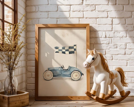 Vintage Race Car Art: Light Blue Watercolor, Minimalist Nursery Decor |  - , High Resolution JPGs | Kids Room Wall Art V_916