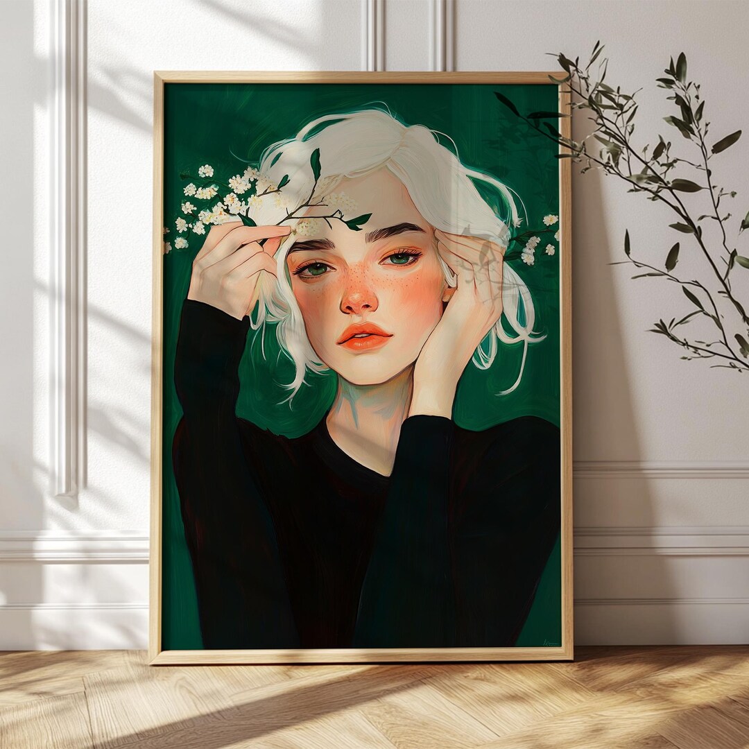 Emerald Green Eclectic Female Portrait Art - Moody Woman With Flowers ...