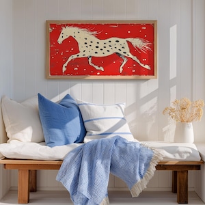 Long Horizontal Wall Art Rustic Folk Horse Canvas Print, Vintage Style, Bold Red Cream Black (Large Size, Living Room Wall Art, 473)