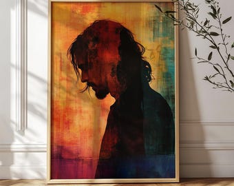 Grunge Silhouette Wandkunst | Stimmungsvolles Abstraktes Rock Portrait | 90er Alternative Musik Dekoration | Emotionaler Farbdruck | Gedruckt und Versendet 474