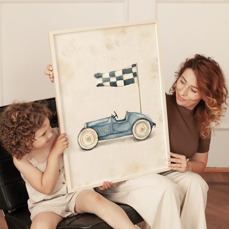 Light blue race car poster for little boy's room — soft, whimsical touch with gentle watercolor strokes and a lively checkered flag design.