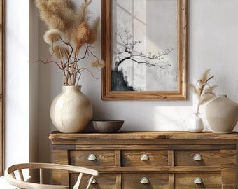 Puede incluir: Una cómoda de madera con seis cajones y tiradores de metal, coronada con una impresión de árbol en blanco y negro enmarcada, dos jarrones beige texturizados con hierbas secas y un cuenco oscuro. Una silla de madera clara está en primer plano.