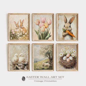 48 Printable Neutral Spring Prints, Gallery Set of Spring Wall Art, Easter Bunny Painting, Farmhouse Easter Painting, Easter Farmhouse Decor