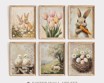 48 Printable Neutral Spring Prints, Gallery Set of Spring Wall Art, Easter Bunny Painting, Farmhouse Easter Painting, Easter Farmhouse Decor
