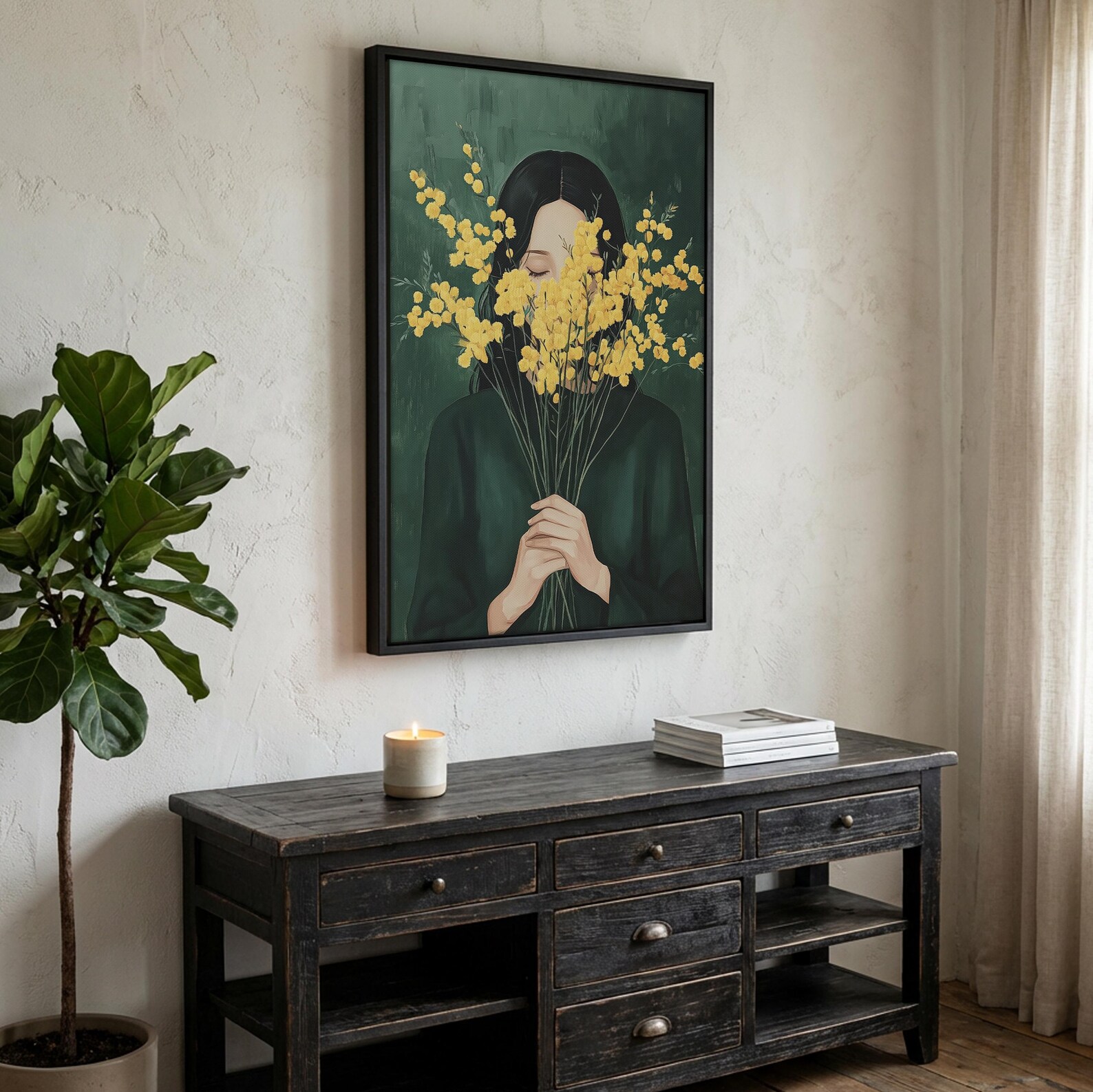 Emerald Green Woman With Mimosa Flowers Art Print : Floral Portrait ...