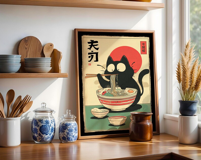 Hungry Cat in Tokyo" – Ramen Cat Poster | Vintage Noodles Print | Japanese Ramen Wall Art for Cat Lovers, hungry cat poster, noodles vintage cat, ramen cat poster, tokyo black cat art, ramen cat art print, ramen lover wall art, japanese ramen cat, cat food poster, japan cat poster, ramen noodles japan, cute cat ramen, japan food poster, noodle cat japan
