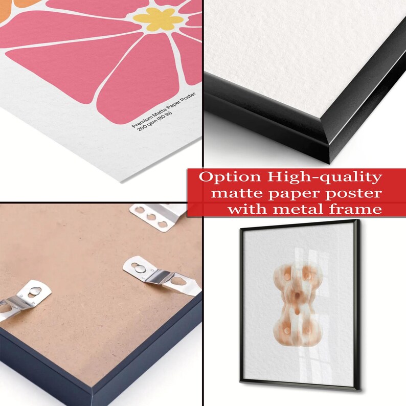 The image is a collage of four different images, including a close-up of a high-quality matte paper poster with a metal frame, a close-up of a framed artwork, a close-up of a wooden surface with metal fasteners, and a close-up of a framed artwork with a metal frame.