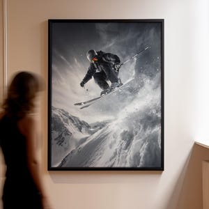 Skiing Wall Art - Winter Sports Poster - Ski Jump Scene, Vibrant Colors, Giclée Print, Custom Size Options V_1420