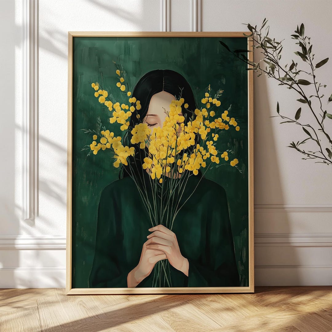 Emerald Green Woman With Mimosa Flowers Art Print | Minimalist