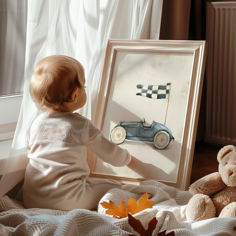 Minimalist racing car digital download for play area — light blue watercolor illustration infuses a charming vibe into children's transportation motifs.
