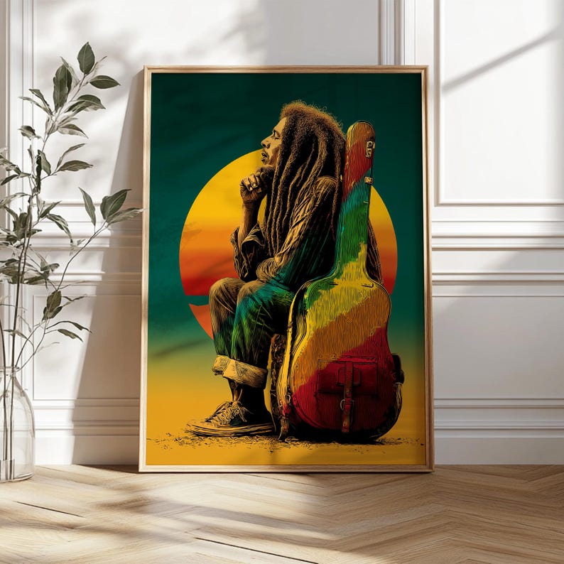 Reggae-inspired silhouette portrait of a man in profile with textured dreadlock-like hair, evoking a legendary Caribbean music icon, rendered in layered abstract textures with warm red, orange, and deep shadow tones for a soulful, vintage-inspired wall art composition. Illustration of a man with long dreadlocks sitting beside a colorful guitar case at sunset, evoking a legendary reggae icon, with warm tropical tones and a soulful, laid-back atmosphere.