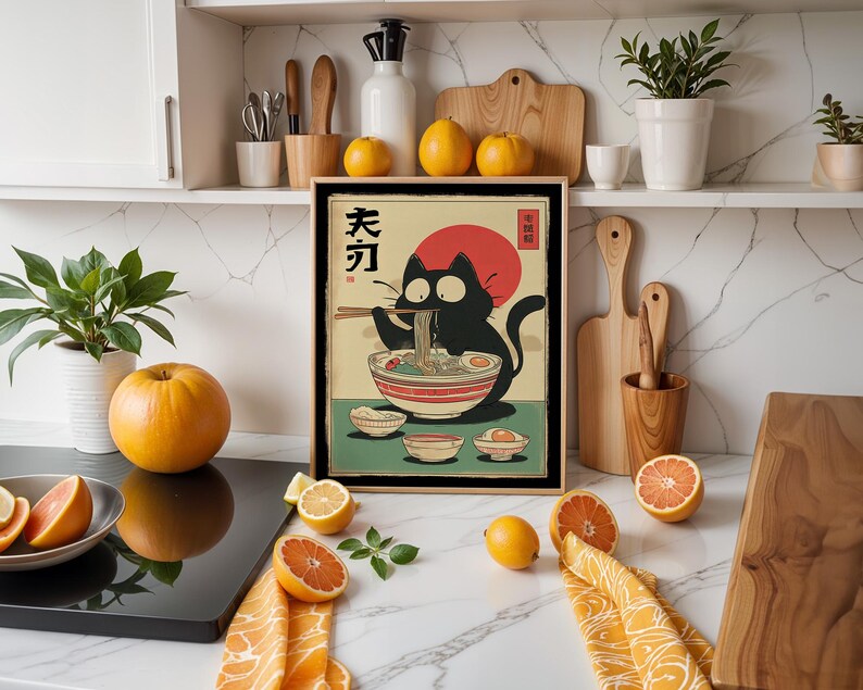 Hungry Cat in Tokyo" – Ramen Cat Poster | Vintage Noodles Print | Japanese Ramen Wall Art for Cat Lovers, hungry cat poster, noodles vintage cat, ramen cat poster, tokyo black cat art, ramen cat art print, ramen lover wall art, japanese ramen cat, cat food poster, japan cat poster, ramen noodles japan, cute cat ramen, japan food poster, noodle cat japan
