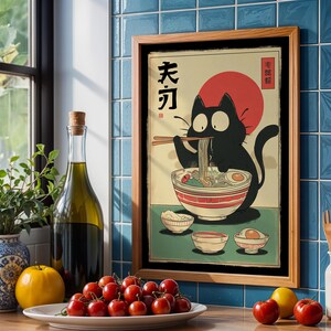 Hungry Cat in Tokyo" – Ramen Cat Poster | Vintage Noodles Print | Japanese Ramen Wall Art for Cat Lovers, hungry cat poster, noodles vintage cat, ramen cat poster, tokyo black cat art, ramen cat art print, ramen lover wall art, japanese ramen cat, cat food poster, japan cat poster, ramen noodles japan, cute cat ramen, japan food poster, noodle cat japan
