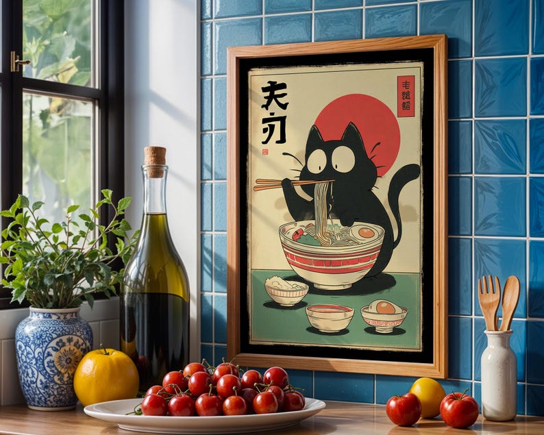 Hungry Cat in Tokyo" – Ramen Cat Poster | Vintage Noodles Print | Japanese Ramen Wall Art for Cat Lovers, hungry cat poster, noodles vintage cat, ramen cat poster, tokyo black cat art, ramen cat art print, ramen lover wall art, japanese ramen cat, cat food poster, japan cat poster, ramen noodles japan, cute cat ramen, japan food poster, noodle cat japan
