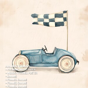 May include: Watercolor illustration of a vintage blue race car with white wheels and a checkered flag. The artwork has a soft, textured background. The text on the image says "AVAILABLE FORMATS" and "PRINTED CLOSE TO YOU - ALWAYS".