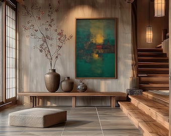 Ember and Tide | Japandi Abstract Painting in Teal and Gold | Wabi Sabi Minimal Wall Art |  767