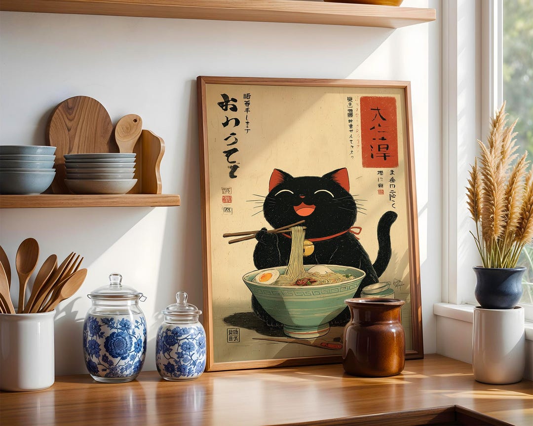 Hungry Cat Ramen Poster – Vintage Japanese Cat Eating Noodles Wall Art ...