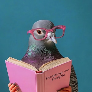 Quirky Pigeon with Glasses Art - Funny Bird Reading Portrait, Humorous Wall Decor, Whimsical Printable Art for Home or Office Decor 79