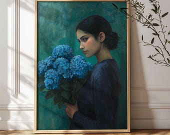 Olive Green Woman Art Print – Hydrangea Portrait Painting, Botanical Female Illustration, Digital Download Art Decor 1305