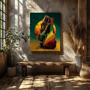 Reggae-inspired silhouette portrait of a man in profile with textured dreadlock-like hair, evoking a legendary Caribbean music icon, rendered in layered abstract textures with warm red, orange, and deep shadow tones for a soulful, vintage-inspired wall art composition. Illustration of a man with long dreadlocks sitting beside a colorful guitar case at sunset, evoking a legendary reggae icon, with warm tropical tones and a soulful, laid-back atmosphere.