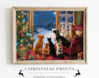 Christmas Dogful Print| Pets Watching Snowy Night by Window | Cozy Holiday Dog & Cat Scene | Digital Download Christmas Decor 323