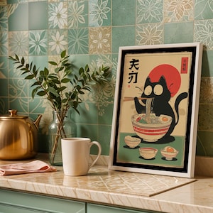 Hungry Cat in Tokyo" – Ramen Cat Poster | Vintage Noodles Print | Japanese Ramen Wall Art for Cat Lovers, hungry cat poster, noodles vintage cat, ramen cat poster, tokyo black cat art, ramen cat art print, ramen lover wall art, japanese ramen cat, cat food poster, japan cat poster, ramen noodles japan, cute cat ramen, japan food poster, noodle cat japan