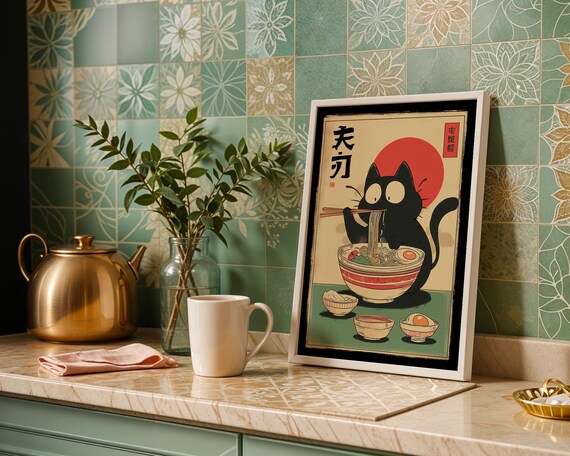 Hungry Cat in Tokyo" – Ramen Cat Poster | Vintage Japanese Cat Eating Noodles Print | Japanese Ramen Wall Art for Cat Lovers