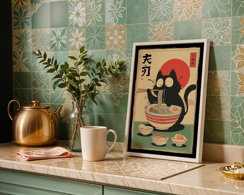 Hungry Cat in Tokyo" – Ramen Cat Poster | Vintage Noodles Print | Japanese Ramen Wall Art for Cat Lovers, hungry cat poster, noodles vintage cat, ramen cat poster, tokyo black cat art, ramen cat art print, ramen lover wall art, japanese ramen cat, cat food poster, japan cat poster, ramen noodles japan, cute cat ramen, japan food poster, noodle cat japan