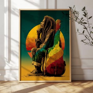 Reggae-inspired silhouette portrait of a man in profile with textured dreadlock-like hair, evoking a legendary Caribbean music icon, rendered in layered abstract textures with warm red, orange, and deep shadow tones for a soulful, vintage-inspired wall art composition. Illustration of a man with long dreadlocks sitting beside a colorful guitar case at sunset, evoking a legendary reggae icon, with warm tropical tones and a soulful, laid-back atmosphere.