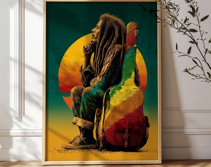 Reggae Sunset Art Print with Guitar Case – Music Wall Decor, Printed and Shipped 450