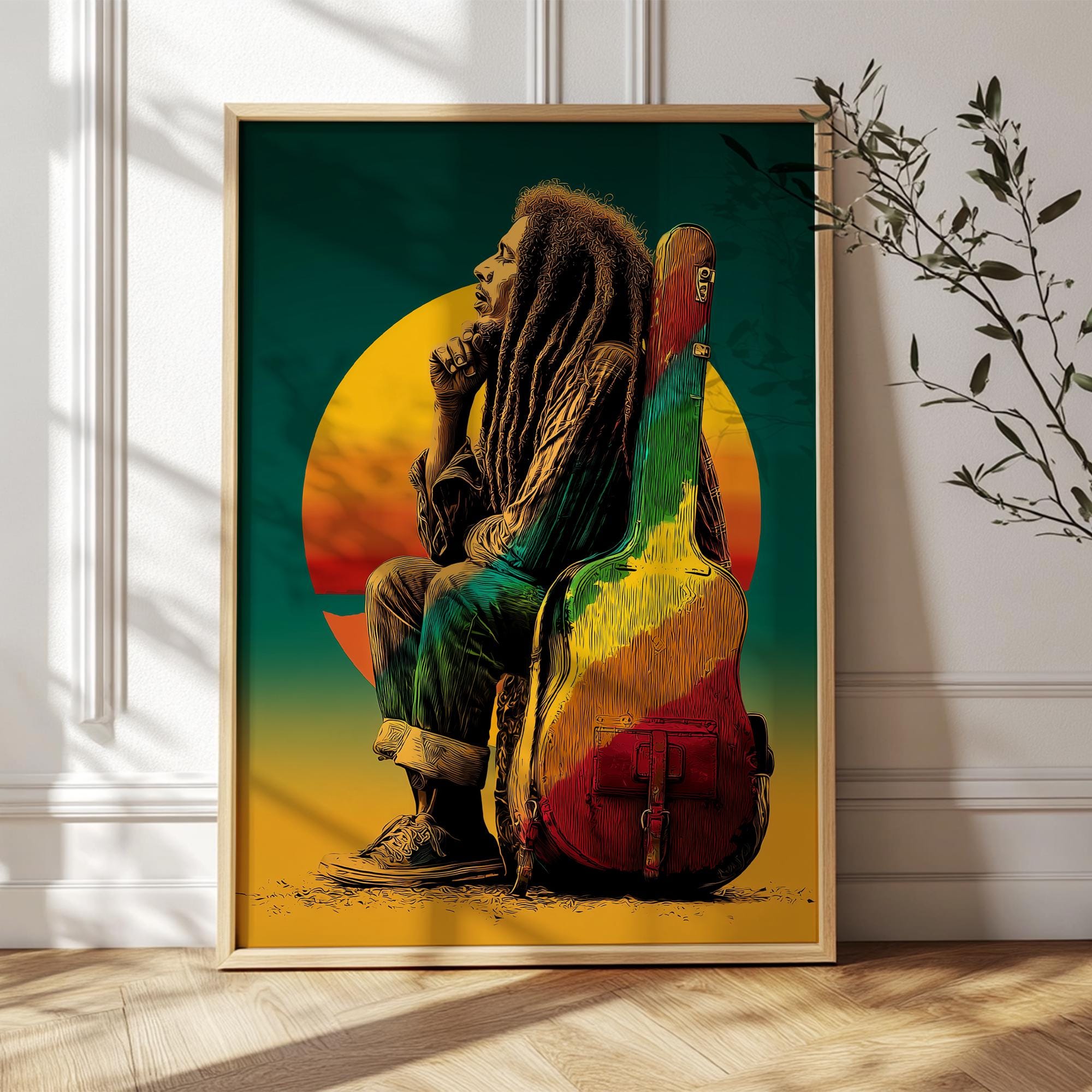 Reggae Sunset Art Print With Guitar Case – Music Wall Decor