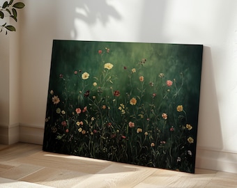 Dunkle botanische Wandkunst | Stimmungsvoller grüner Blumendruck | Romantisches Wildblumen Dekor | Vintage Natur Kunstwerk | Leinwand oder Fine Art Papier H_26