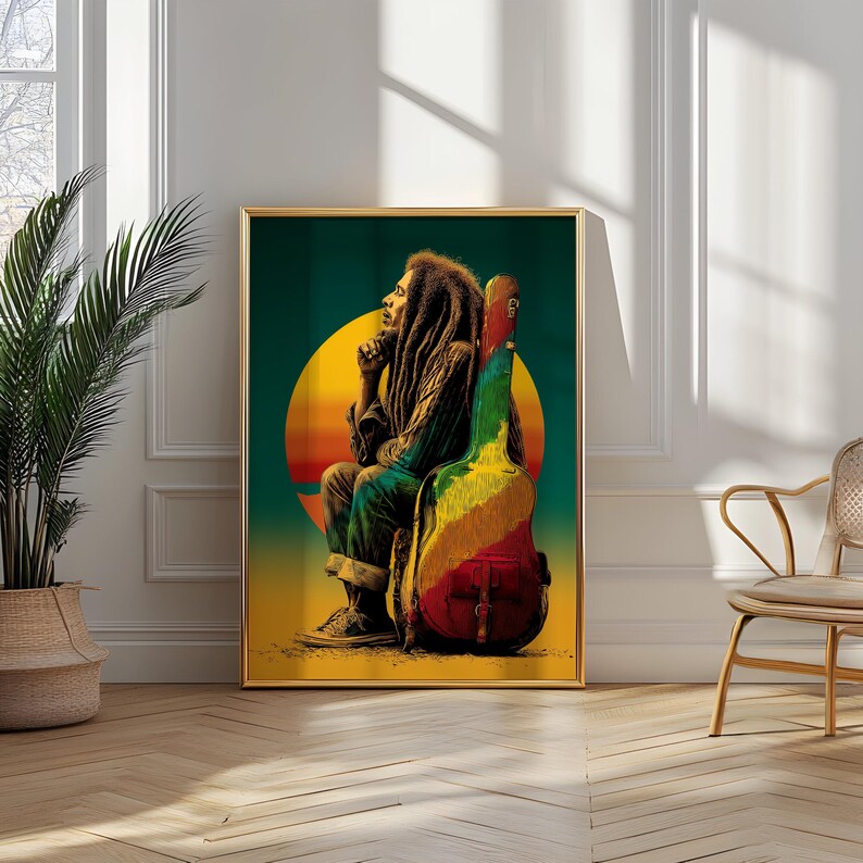 Reggae-inspired silhouette portrait of a man in profile with textured dreadlock-like hair, evoking a legendary Caribbean music icon, rendered in layered abstract textures with warm red, orange, and deep shadow tones for a soulful, vintage-inspired wall art composition. Illustration of a man with long dreadlocks sitting beside a colorful guitar case at sunset, evoking a legendary reggae icon, with warm tropical tones and a soulful, laid-back atmosphere.