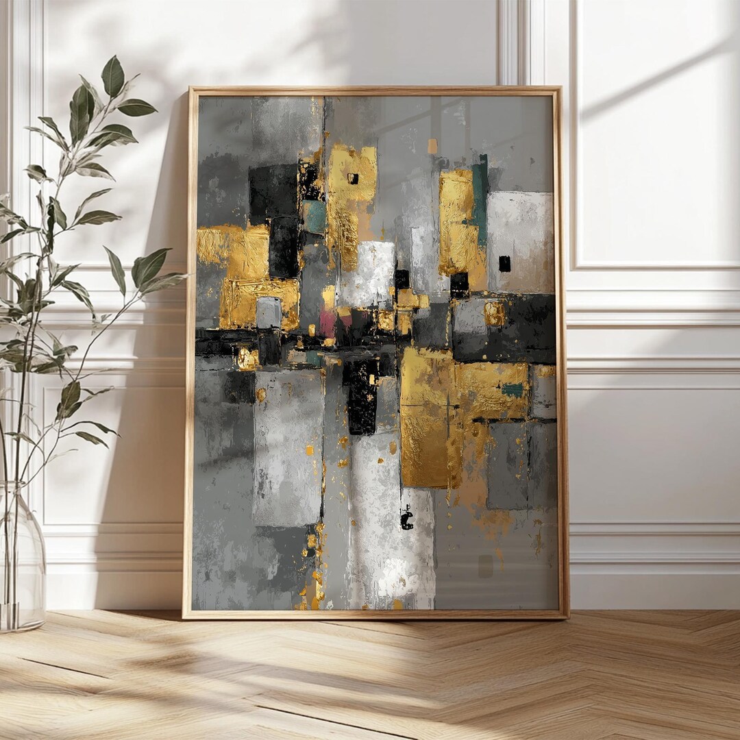 Gold Abstract Art Modern Painting, Textured Metallic Geometric Design ...
