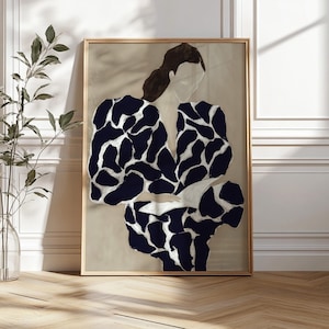 Abstract print of a woman's portrait - modern minimalist wall art, neutral beige and navy blue fashion illustration 105