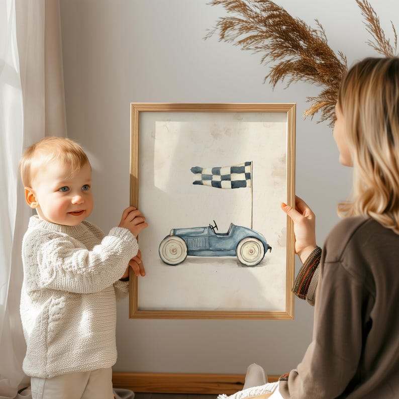 Watercolor race car poster for kids' room — minimalistic design featuring soft hues and gentle lines, perfect for a transportation-themed decor.