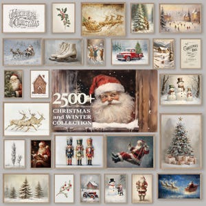 Puede incluir: Una colección de grabados artísticos enmarcados con temas navideños e invernales. Los grabados presentan a Papá Noel, muñecos de nieve, árboles de Navidad y escenas invernales. El texto "2500+ CHRISTMAS and WINTER COLLECTION" es visible.