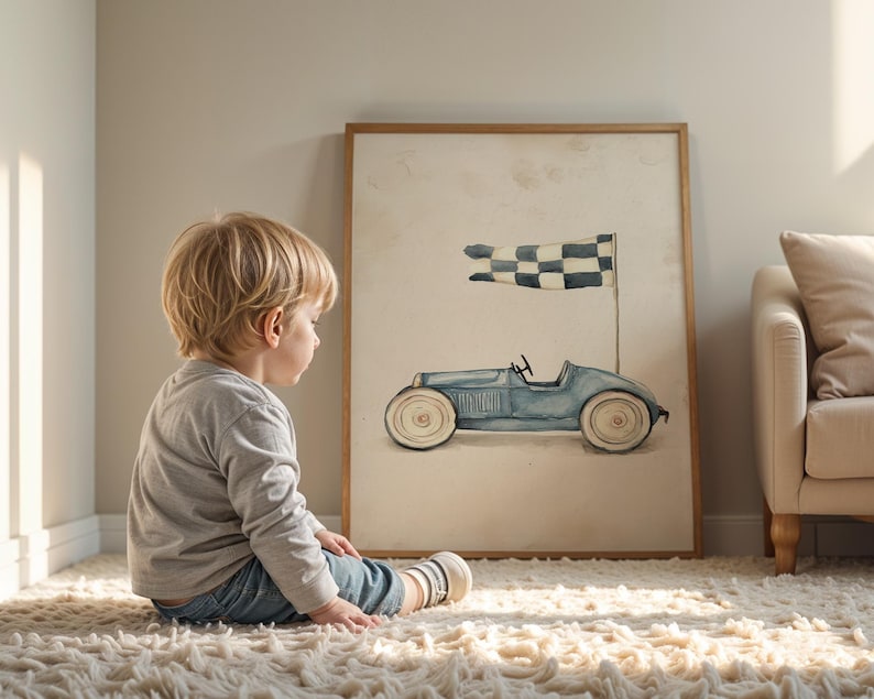 Charming race car wall decor for kids' space — soft watercolor design showcases a light blue vintage car with playful elements and gentle shading.