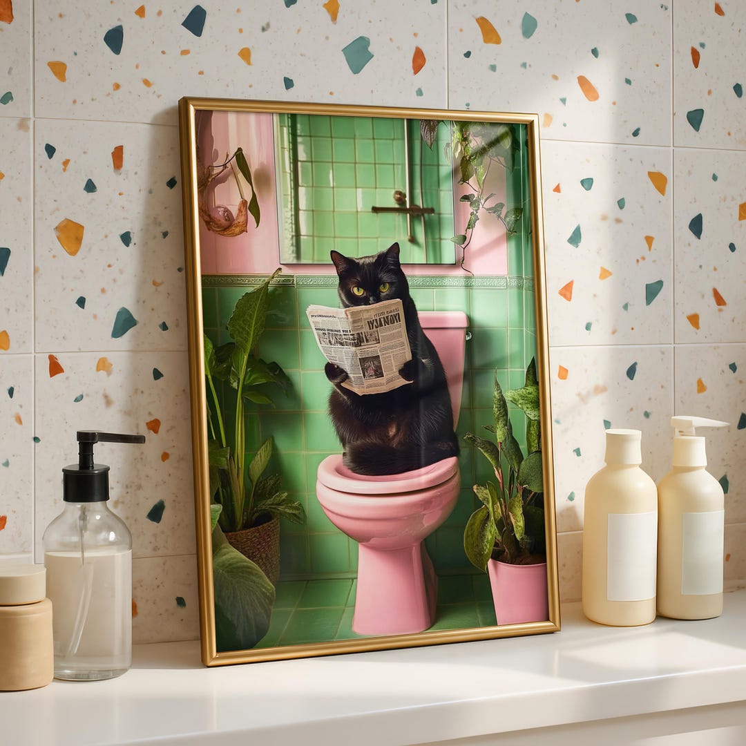 Cute Bathroom Cat Print - Funny Cat Art for Wall Decor - Unframed ...