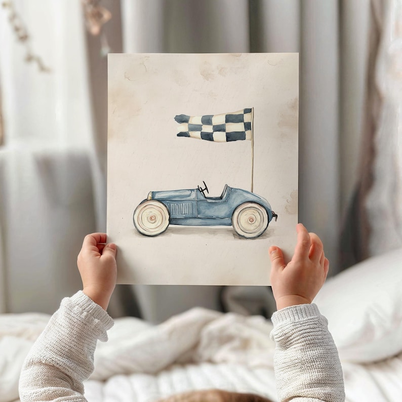 Watercolor vintage race car art for nursery decor — cute and playful visual enhances a transportation theme with soft colors and clean detailing.