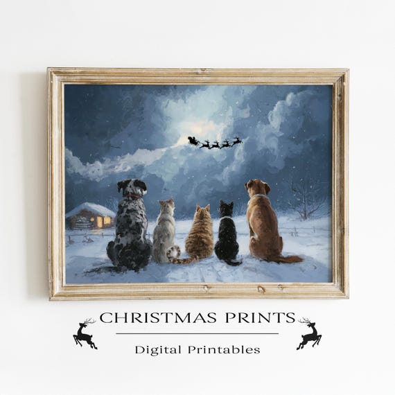 Christmas Dogful Print | Dogs and Cats Watching Santa's Sleigh