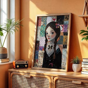 May include: A framed portrait of a young girl with dark hair in braids, wearing a black dress with a white lace collar. The background is a patchwork of colorful fabric squares. A small orange radio sits on a wooden cabinet.