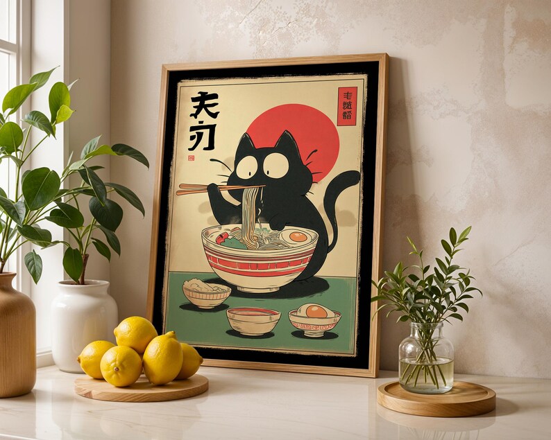 Hungry Cat in Tokyo" – Ramen Cat Poster | Vintage Noodles Print | Japanese Ramen Wall Art for Cat Lovers, hungry cat poster, noodles vintage cat, ramen cat poster, tokyo black cat art, ramen cat art print, ramen lover wall art, japanese ramen cat, cat food poster, japan cat poster, ramen noodles japan, cute cat ramen, japan food poster, noodle cat japan