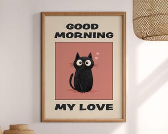Modern Cute Black Cat Printable - Minimalist Cozy Wall Art, Dusty Pink Retro Design, Playful Sparkles Illustration, Digital Download 1062