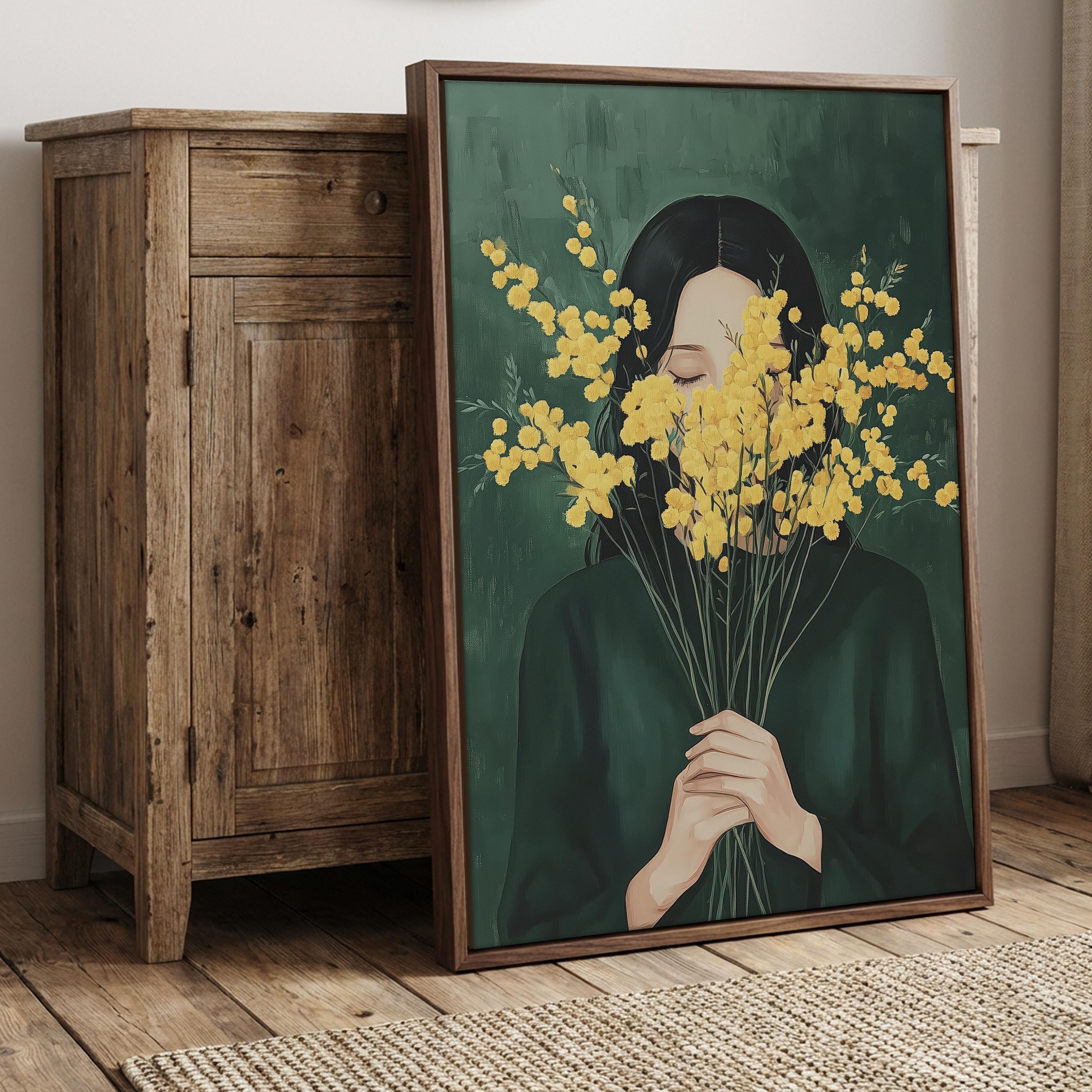 Emerald Green Woman With Mimosa Flowers Art Print | Minimalist