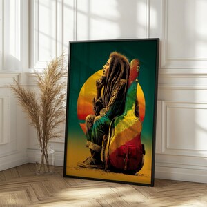 Reggae-inspired silhouette portrait of a man in profile with textured dreadlock-like hair, evoking a legendary Caribbean music icon, rendered in layered abstract textures with warm red, orange, and deep shadow tones for a soulful, vintage-inspired wall art composition. Illustration of a man with long dreadlocks sitting beside a colorful guitar case at sunset, evoking a legendary reggae icon, with warm tropical tones and a soulful, laid-back atmosphere.