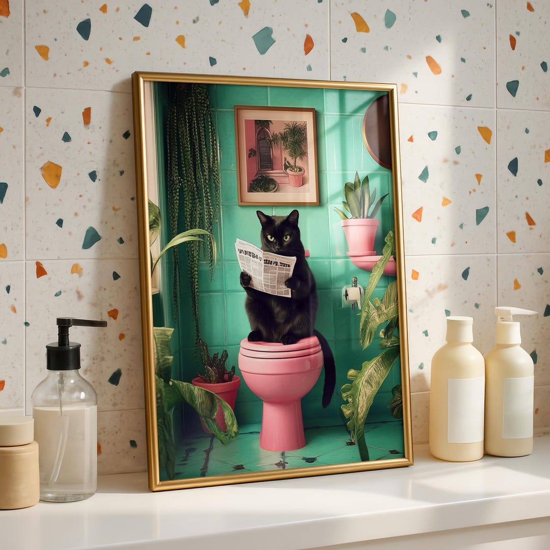 Cute Bathroom Cat Print - Funny Cat Art for Wall Decor - Unframed ...